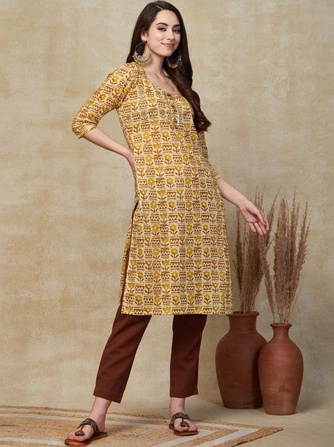 fashor yellow cotton printed straight kurta