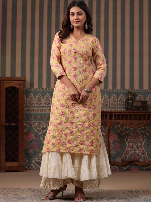 fashor yellow cotton printed straight kurta