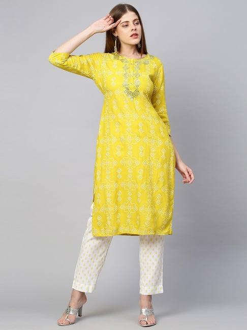 fashor yellow embellished kurta pant set