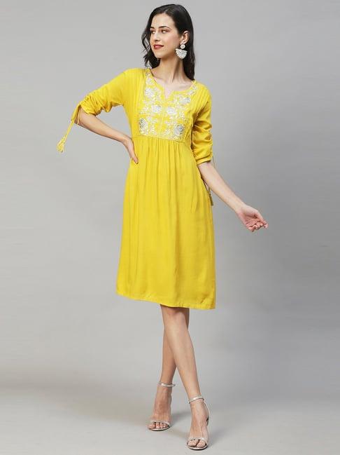 fashor yellow embroidered a-line dress