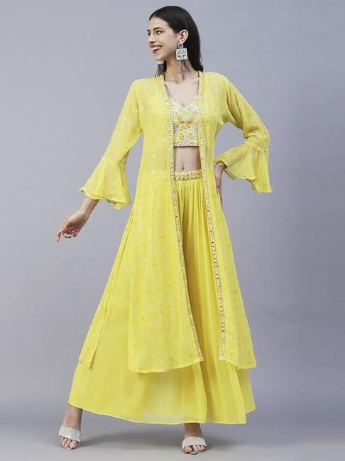 fashor yellow embroidered crop top palazzo set with jacket