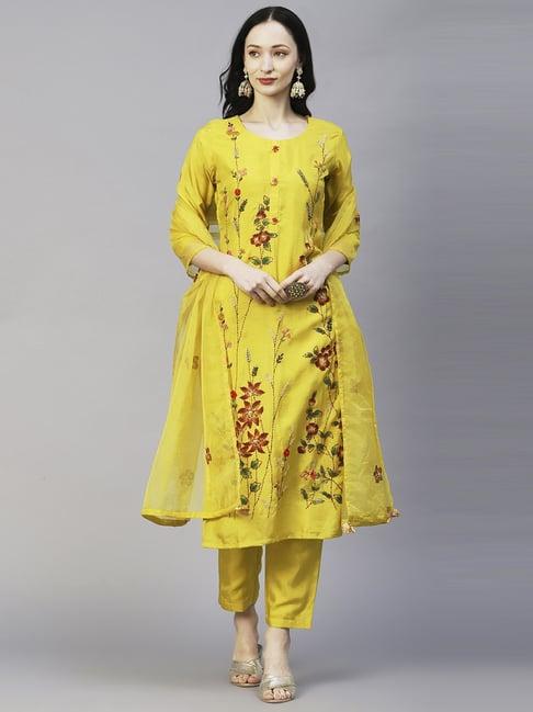 fashor yellow embroidered kurta pant set with dupatta