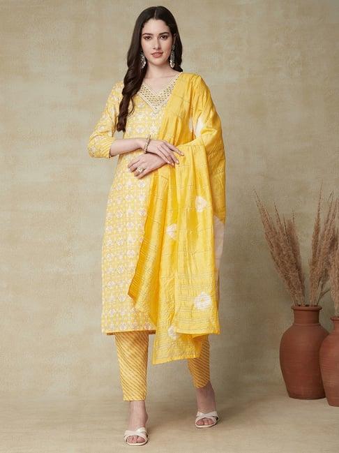 fashor yellow embroidered kurta pant set with dupatta