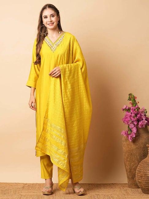 fashor yellow embroidered kurta pant set with dupatta