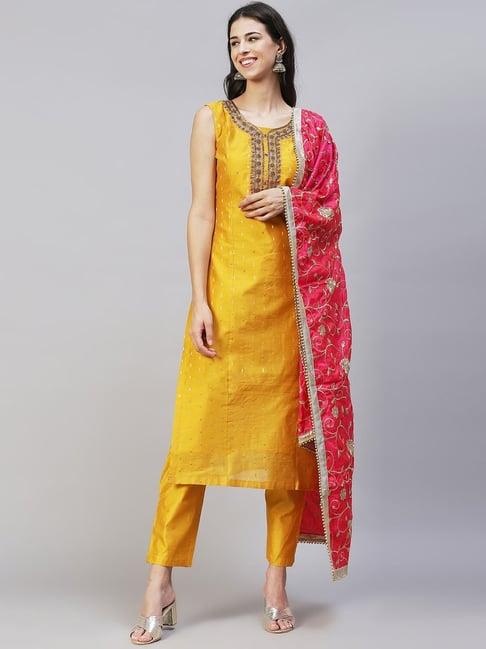 fashor yellow embroidered kurta pant set with dupatta