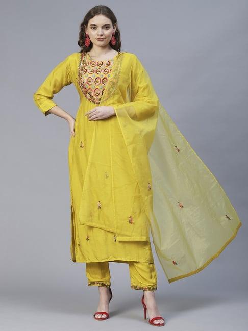 fashor yellow embroidered kurta pant set with dupatta