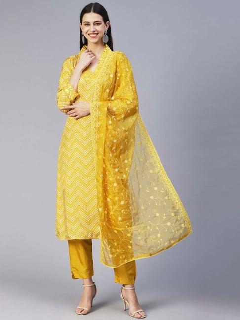 fashor yellow embroidered kurta pant set with dupatta