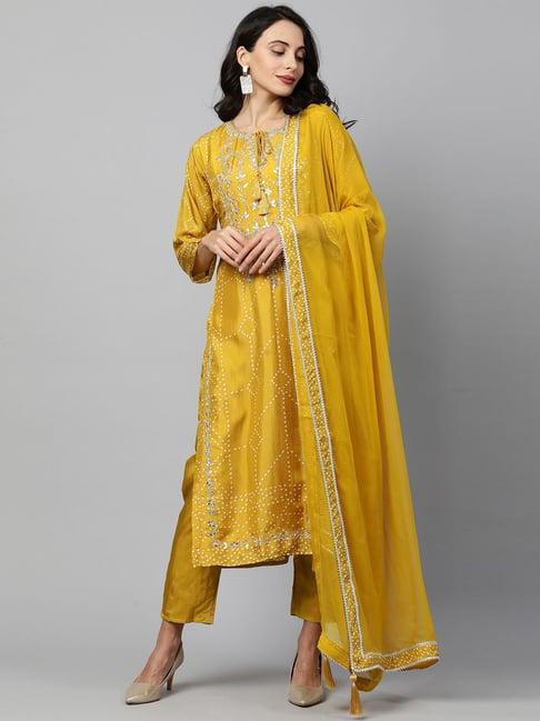 fashor yellow embroidered kurta pants set with dupatta