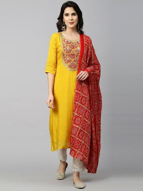 fashor yellow embroidered straight kurta with dupatta