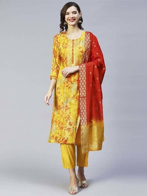 fashor yellow embroidered straight kurta with dupatta