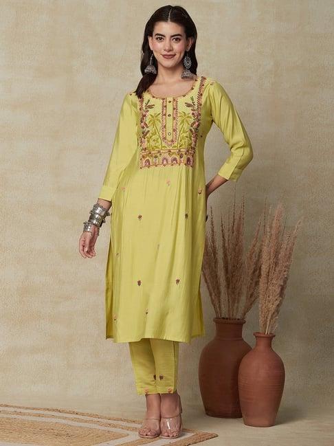 fashor yellow embroidered straight kurta