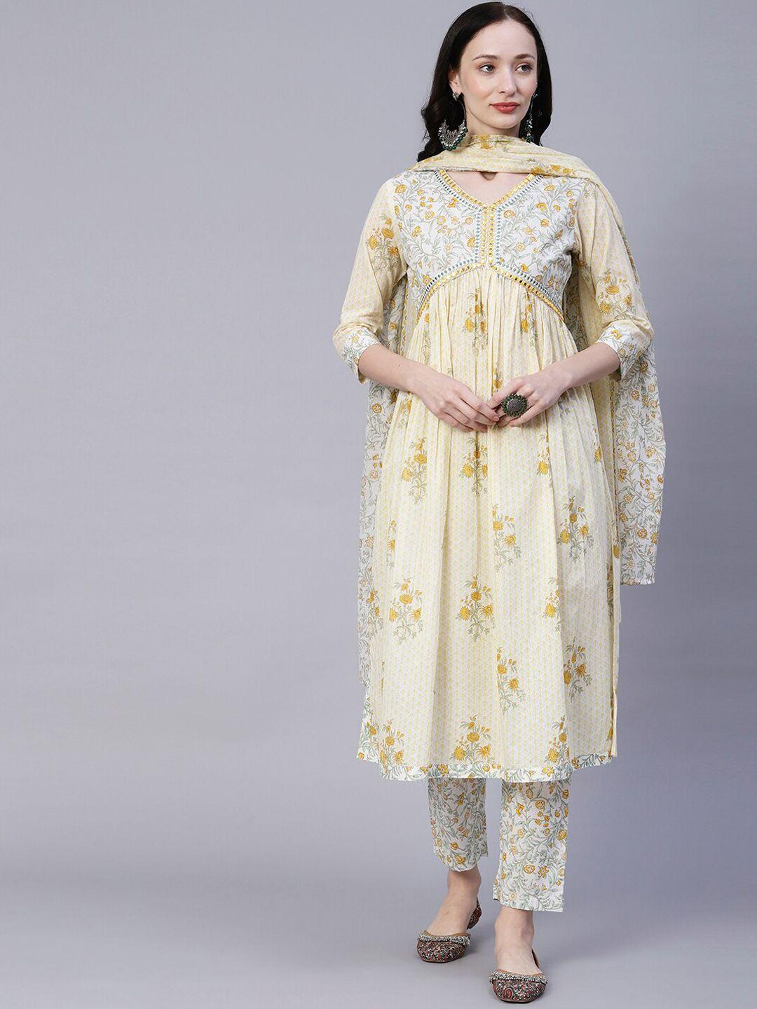 fashor yellow ethnic motifs printed pure cotton kurta with trousers & with dupatta