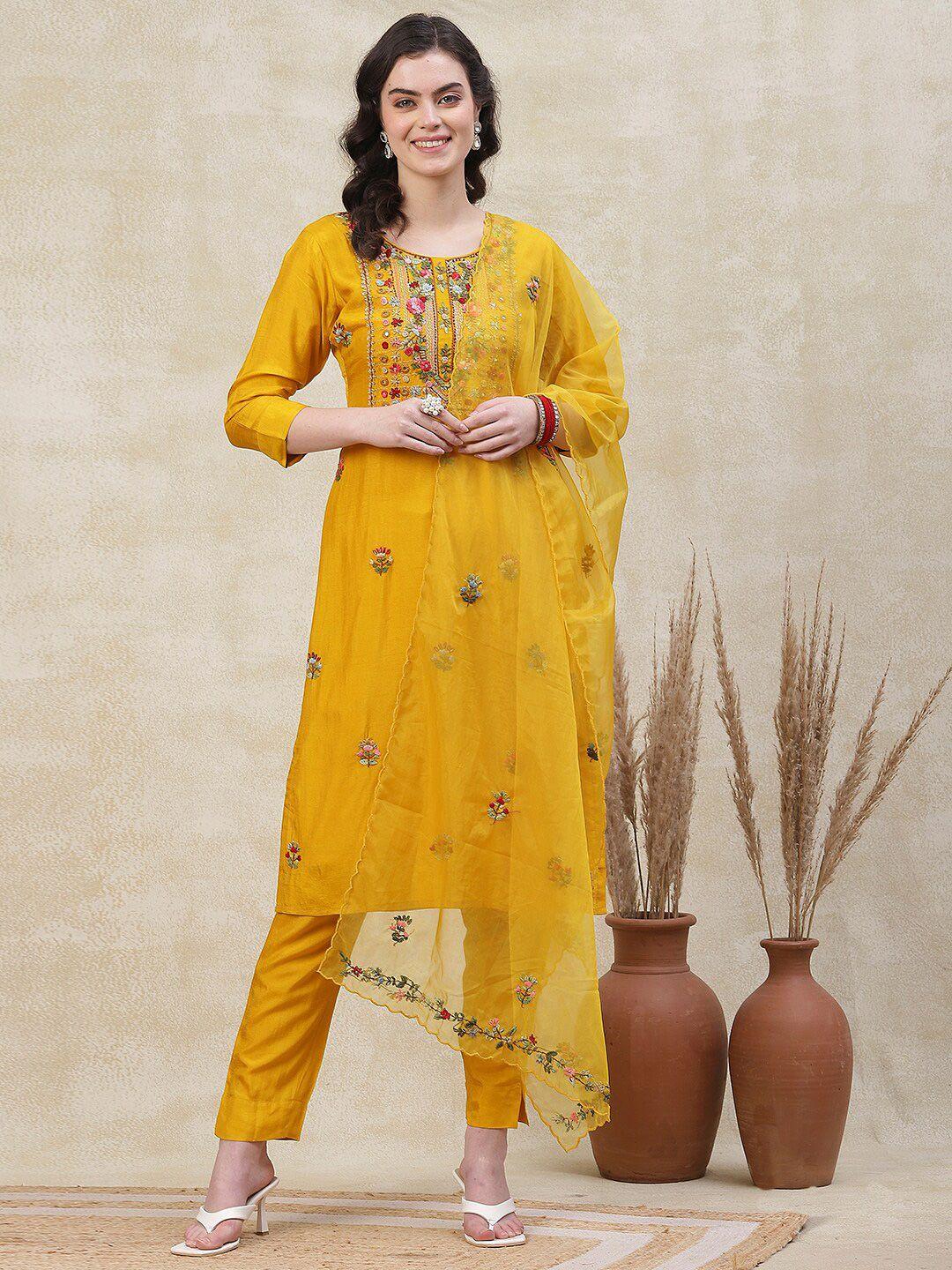 fashor yellow floral embroidered straight kurta with trousers & dupatta