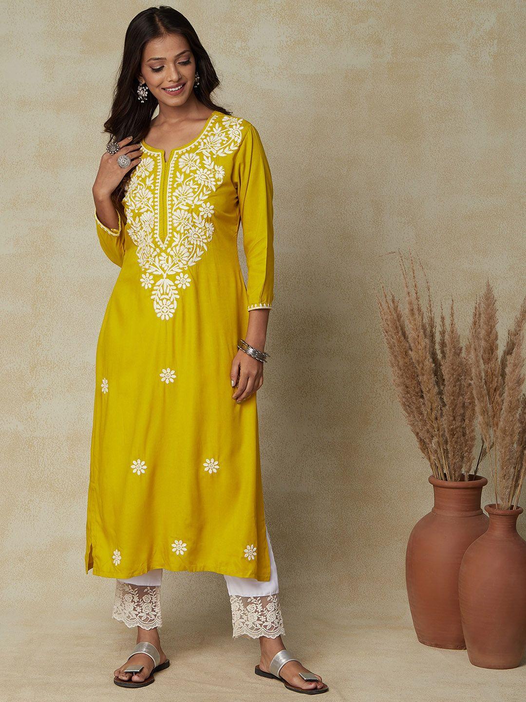 fashor yellow floral embroidered thread work cotton kurta