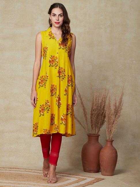 fashor yellow floral print a line kurta