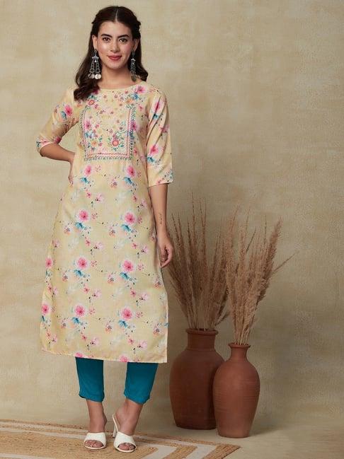 fashor yellow floral print straight kurta