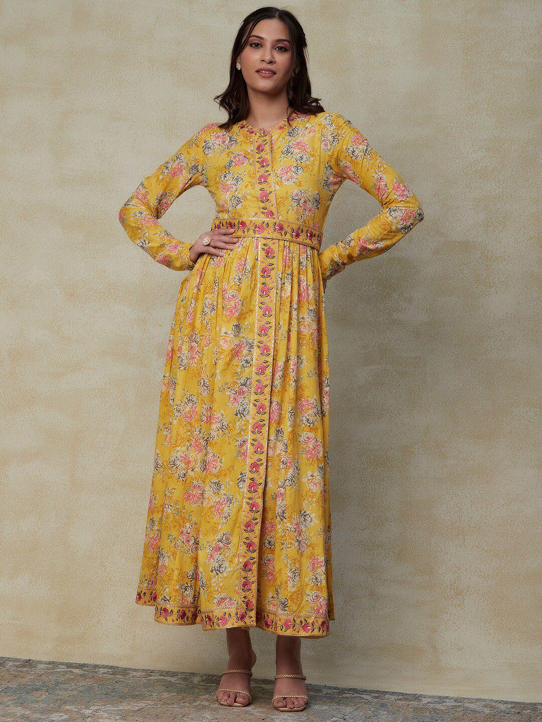 fashor yellow floral printed cotton fit & flare ethnic dress