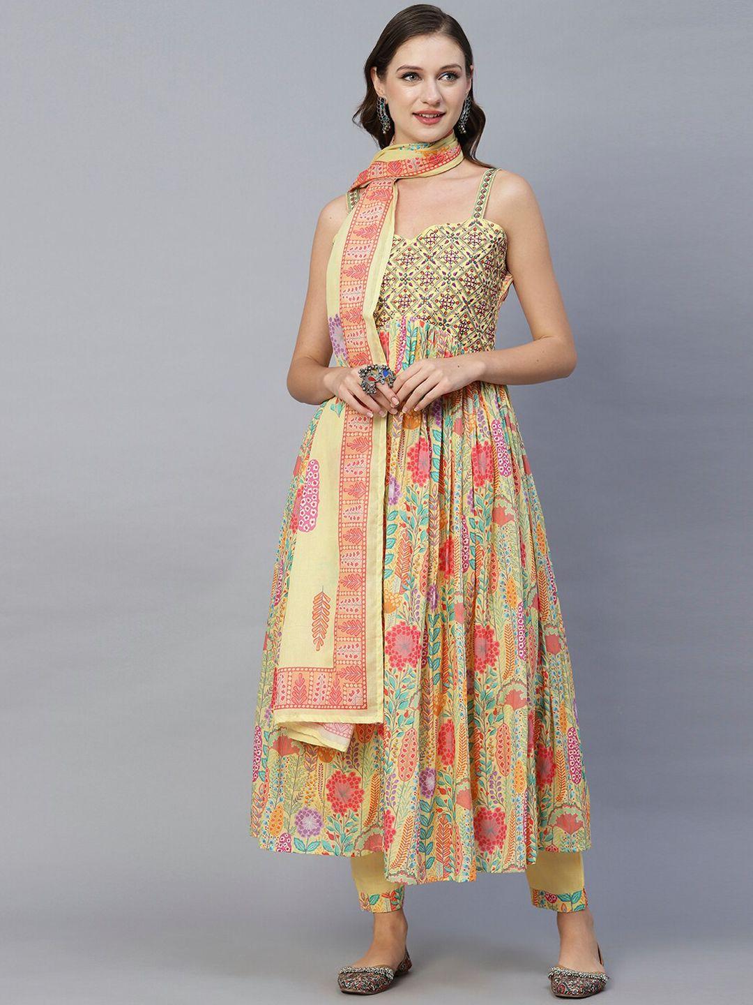 fashor yellow floral printed pleated thread work pure cotton kurta with trousers & dupatta