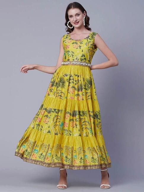 fashor yellow floral tiered maxi dress with waist belt