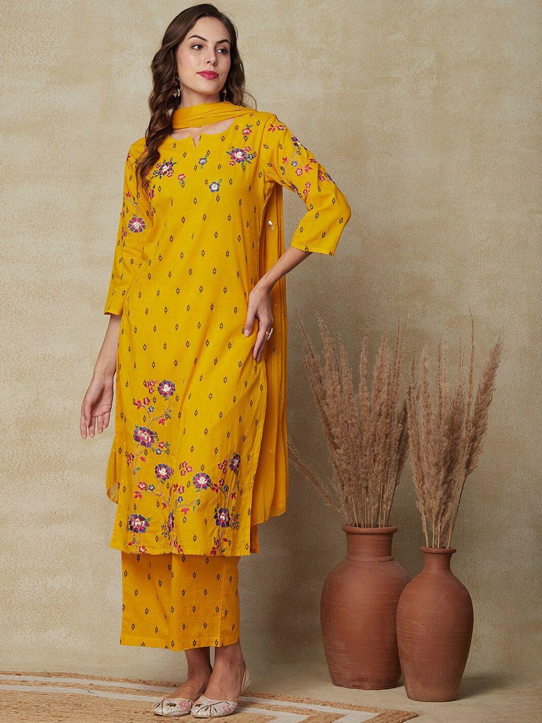 fashor yellow floral woven design thread work straight kurta & palazzos with dupatta