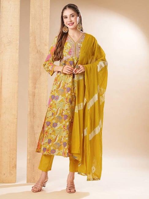 fashor yellow printed anarkali & pants set with dupatta