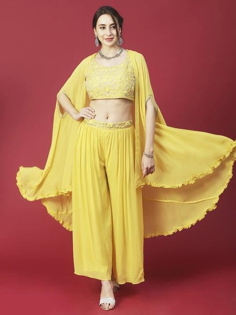 fashor yellow printed crop top palazzo set with cape