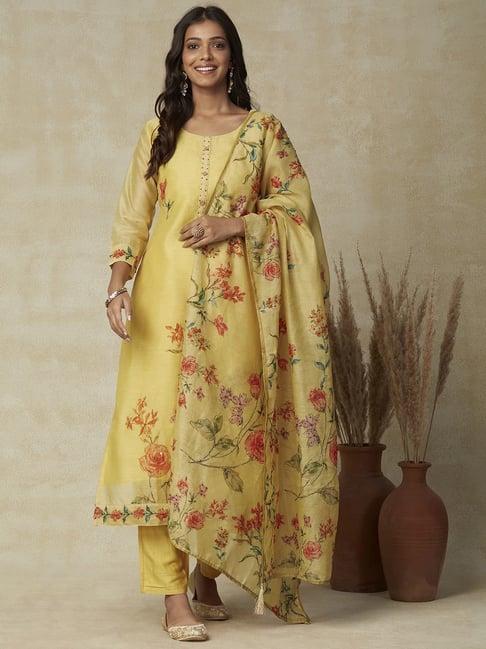 fashor yellow printed kurta pant set with dupatta