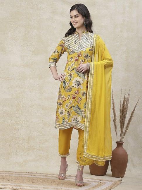 fashor yellow printed kurta pant set with dupatta