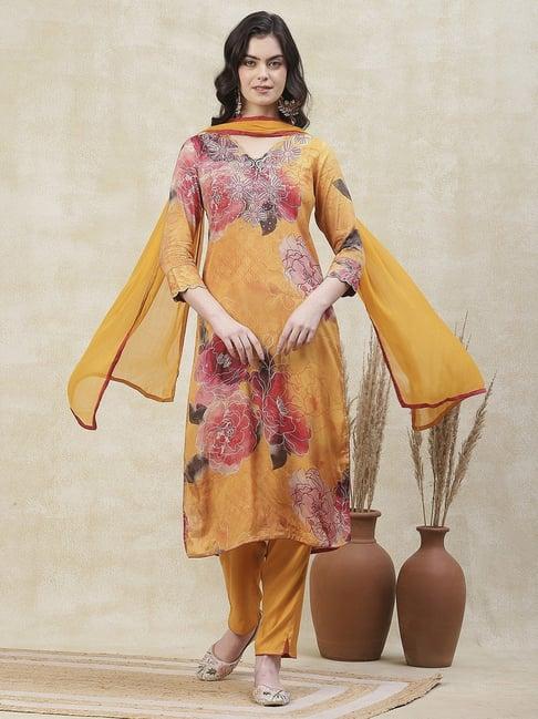 fashor yellow printed kurta pant set with dupatta