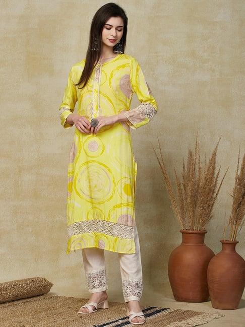 fashor yellow printed straight kurta