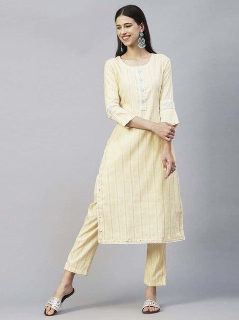 fashor yellow striped kurta pant set