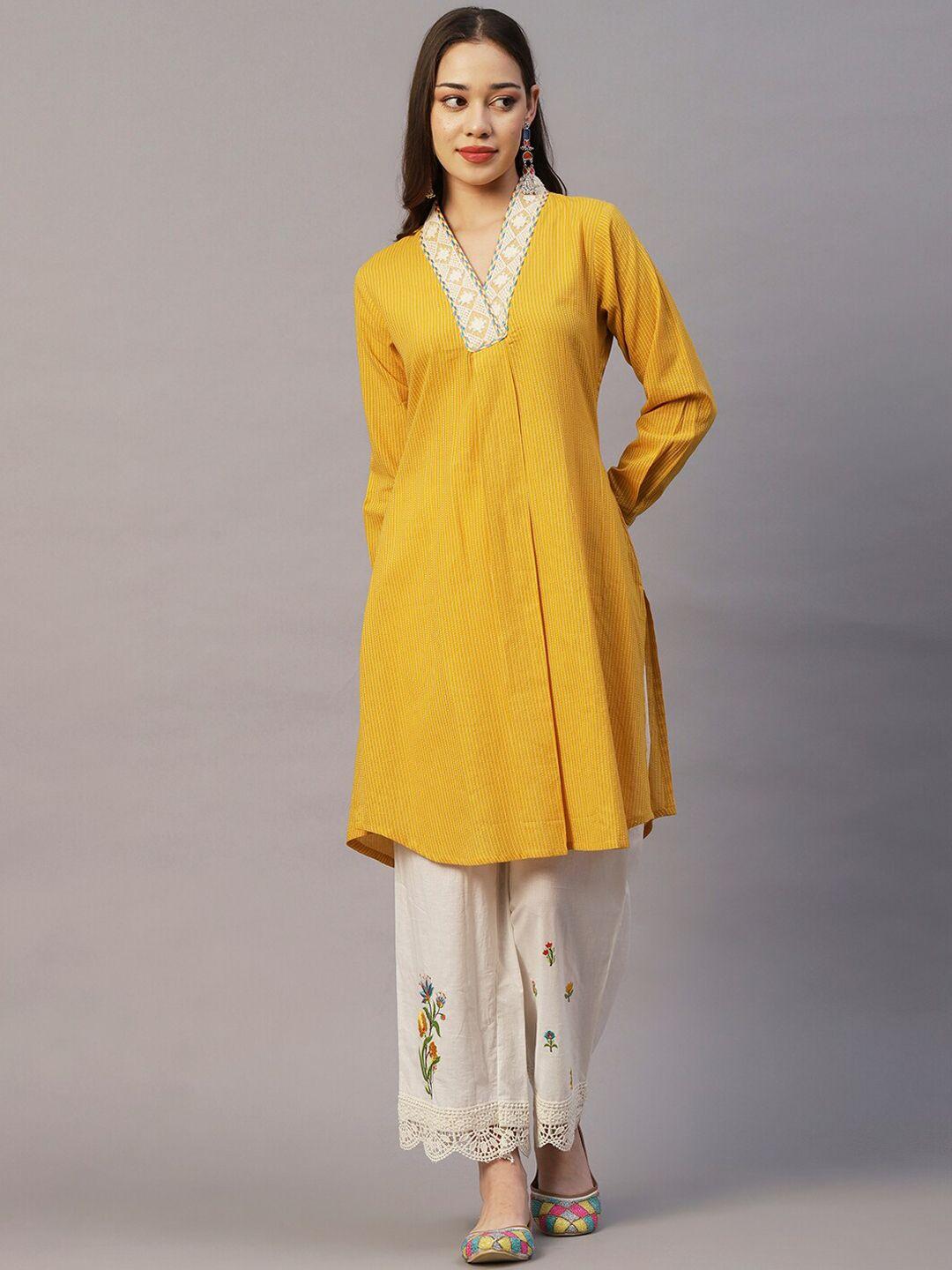 fashor yellow striped v-neck pure cotton a-line  kurta with palazzos