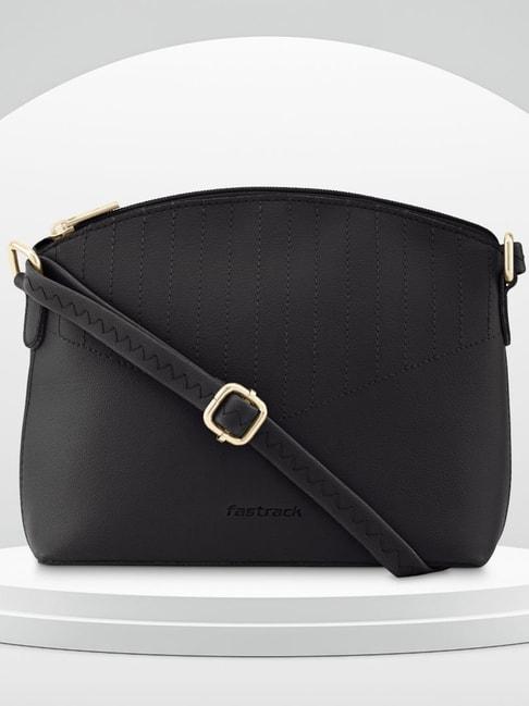 fastrack black faux leather textured sling handbag