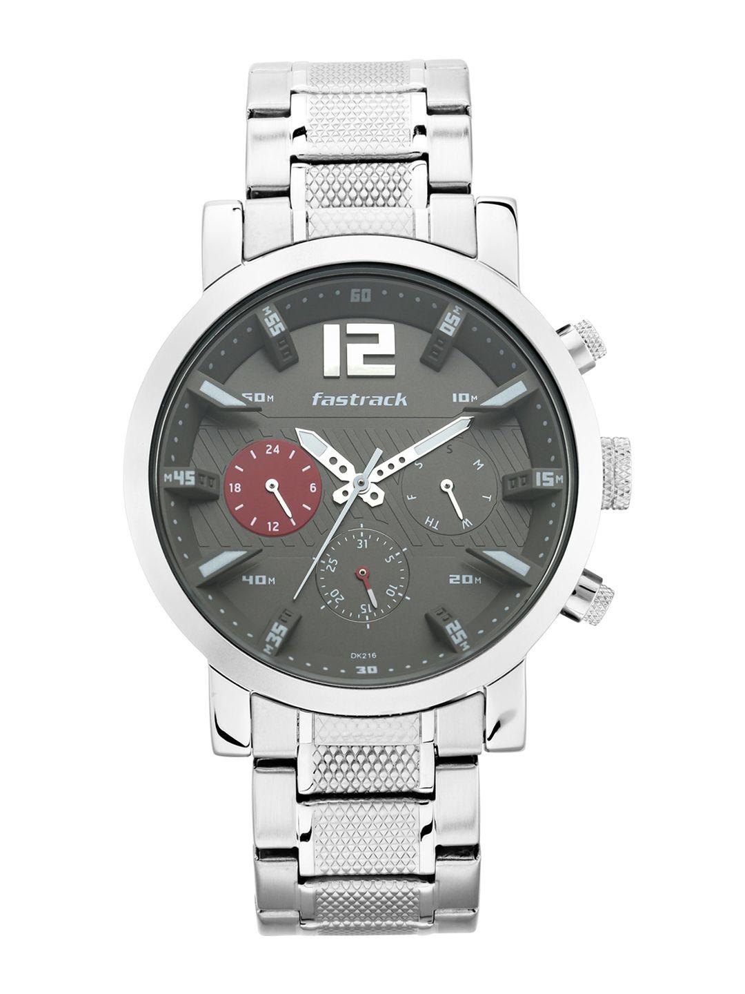 fastrack men grey & silver-toned analogue watch 3227sm01