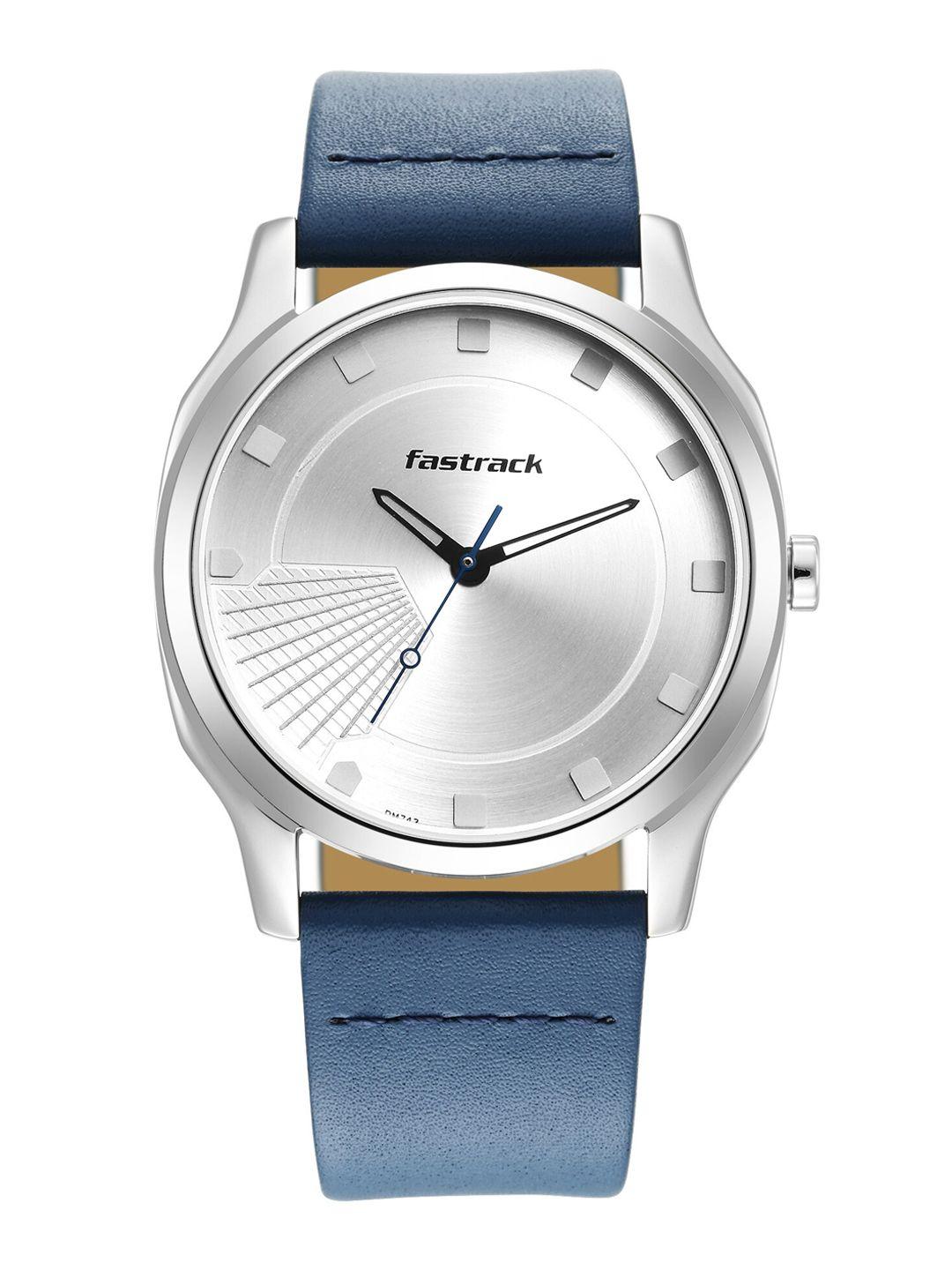 fastrack men silver-toned brass dial & blue leather straps analogue watch