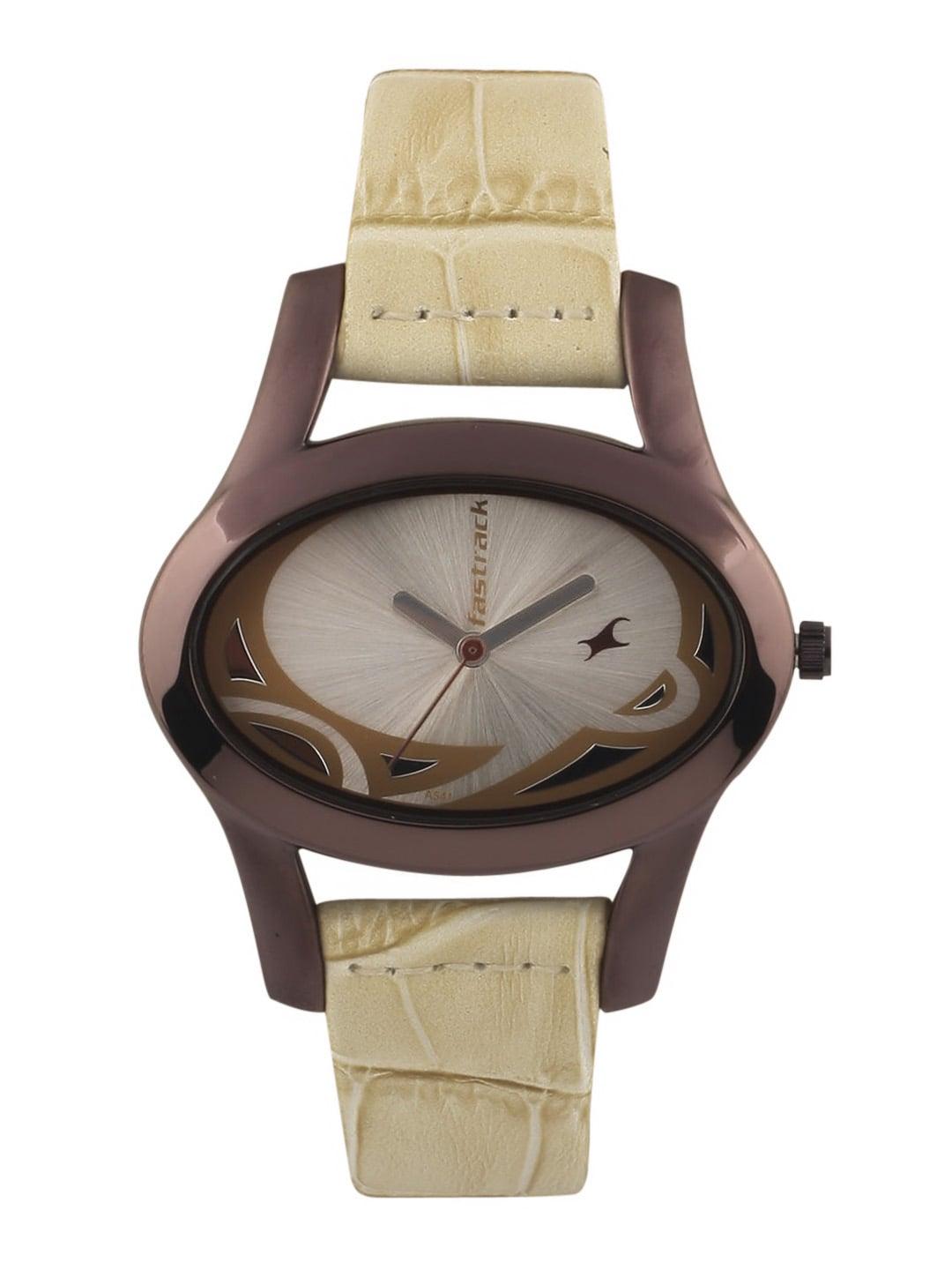 fastrack women brown & silver dial watch
