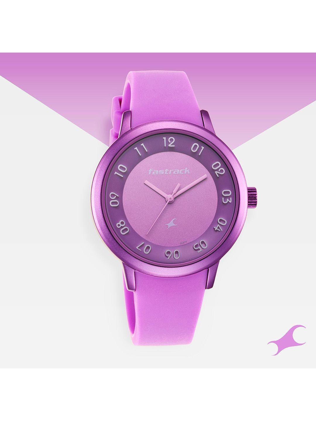 fastrack women purple aluminium embellished dial & purple straps analogue watch 68025ap01