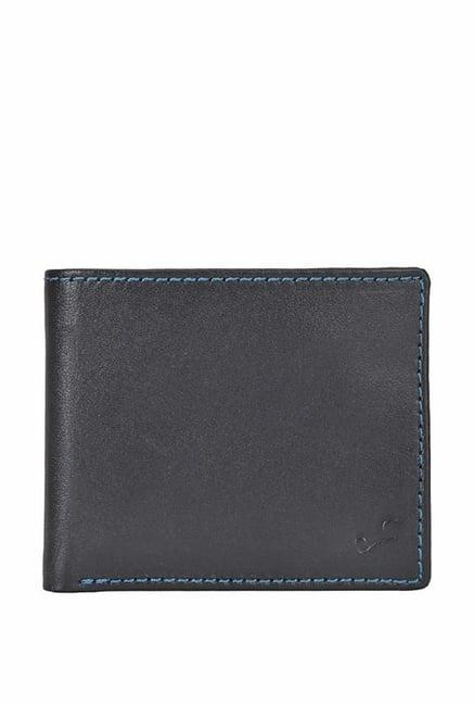 fastrack black & navy solid leather bi-fold wallet