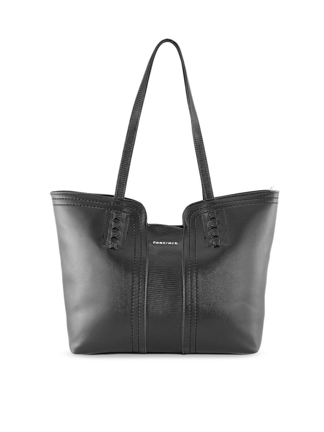 fastrack black pu bucket tote bag with cut work