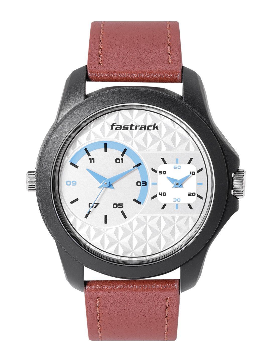 fastrack men leather straps analogue watch np38042pl01