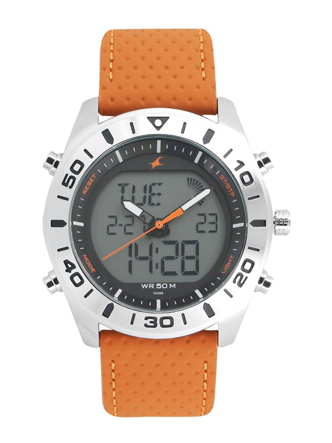 fastrack men orange leather analogue and digital watch 38034sl01