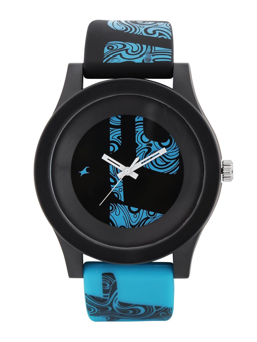 fastrack unisex black & blue printed dial watch 38025pp05