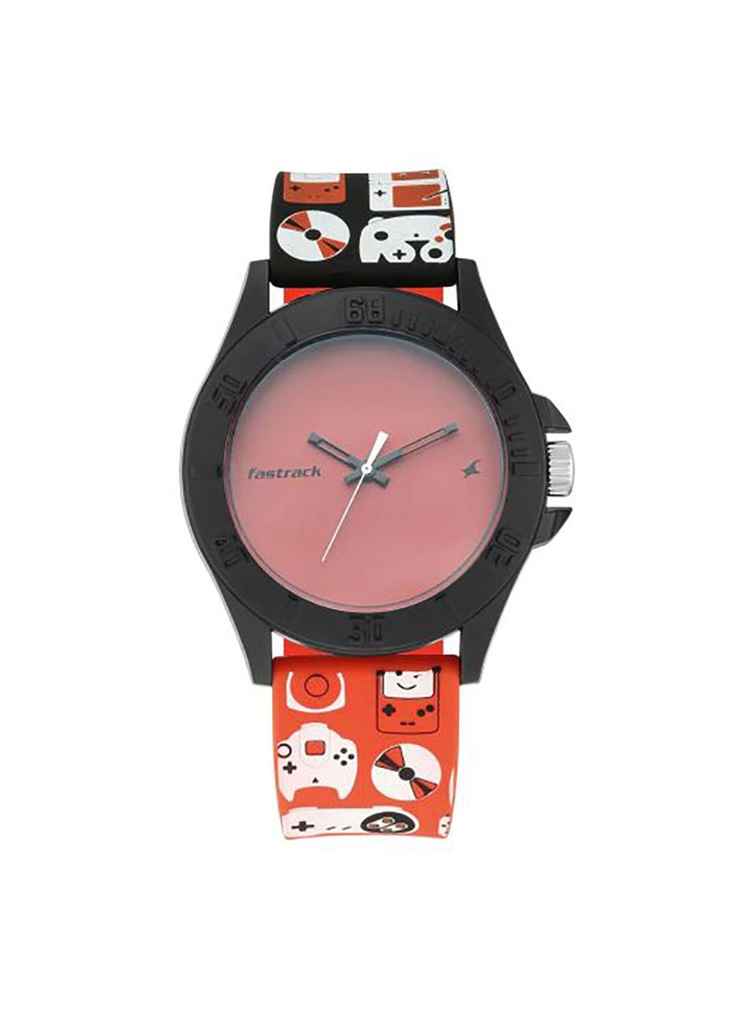 fastrack unisex coral red dial & red straps tees-games analogue watch 68013pp02
