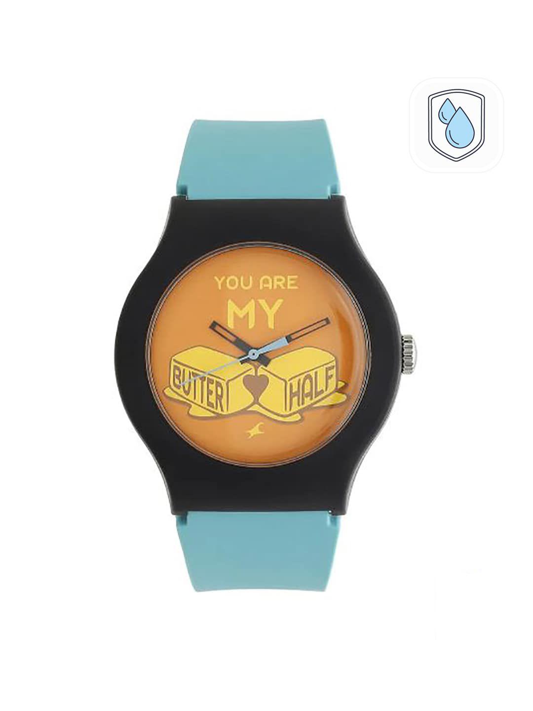 fastrack unisex orange printed dial & blue straps analogue watch 9915pp67