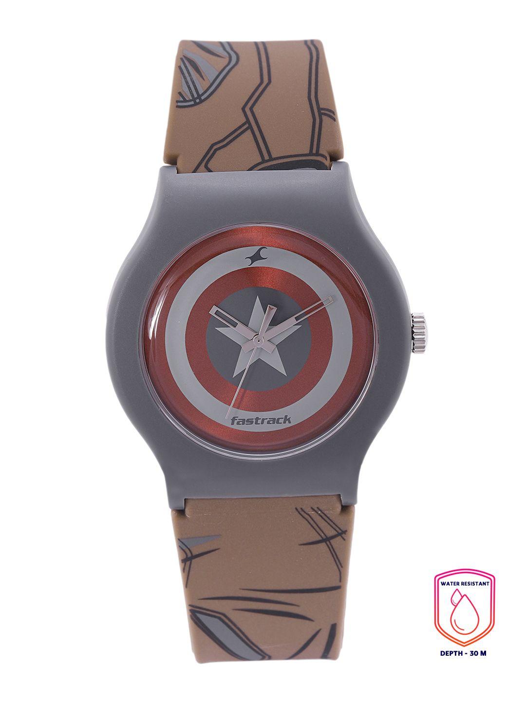 fastrack unisex red & grey dial avengers captain america print analogue watch 9915pp91