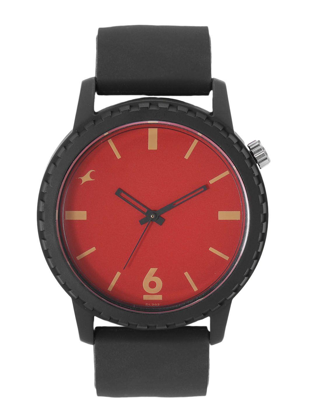 fastrack unisex red dial & black solids & stripes straps analogue watch 38039pp12w