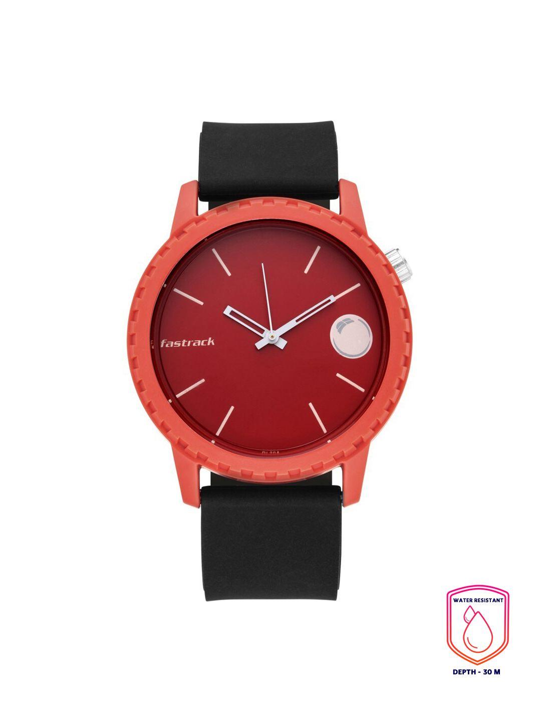 fastrack unisex red dial & black straps solids & stripes analogue watch 38039pp16w