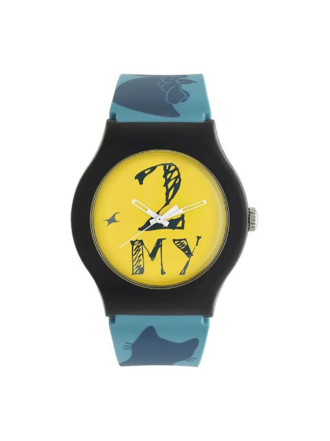 fastrack unisex yellow printed dial & blue straps analogue watch 9915pp66