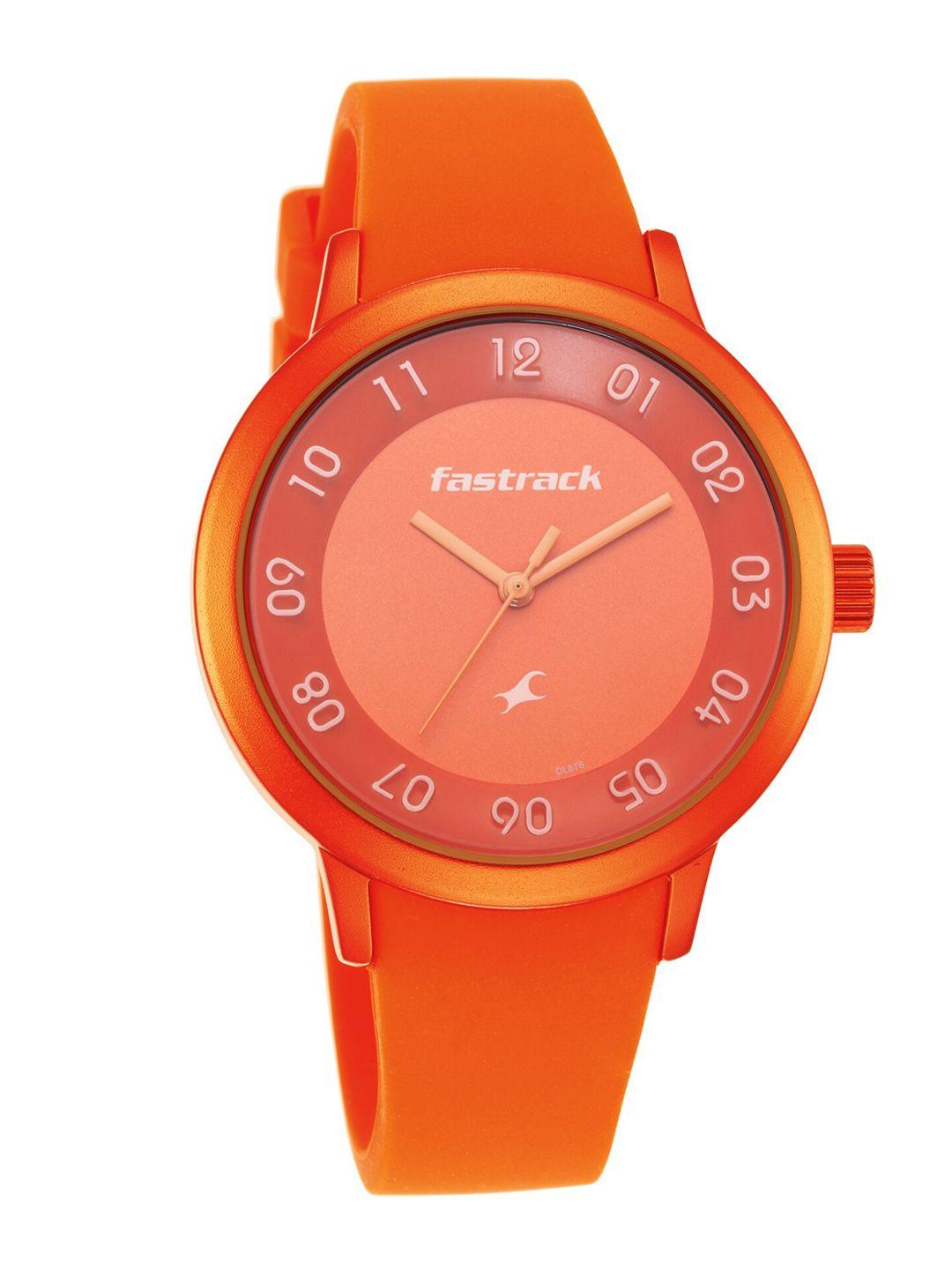 fastrack women orange aluminium printed dial & straps analogue watch 68025ap03
