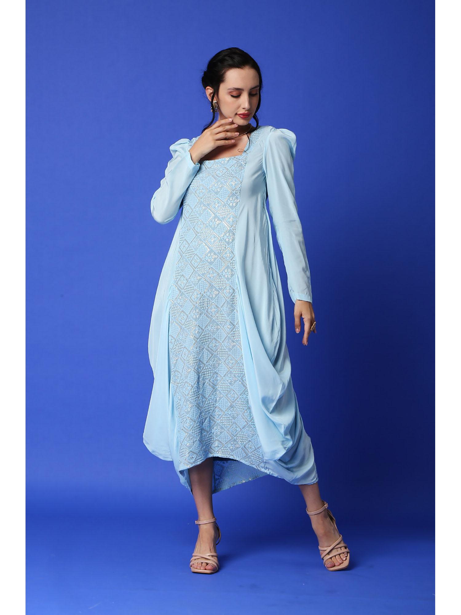 fatima chikankari cowl dress - ice blue